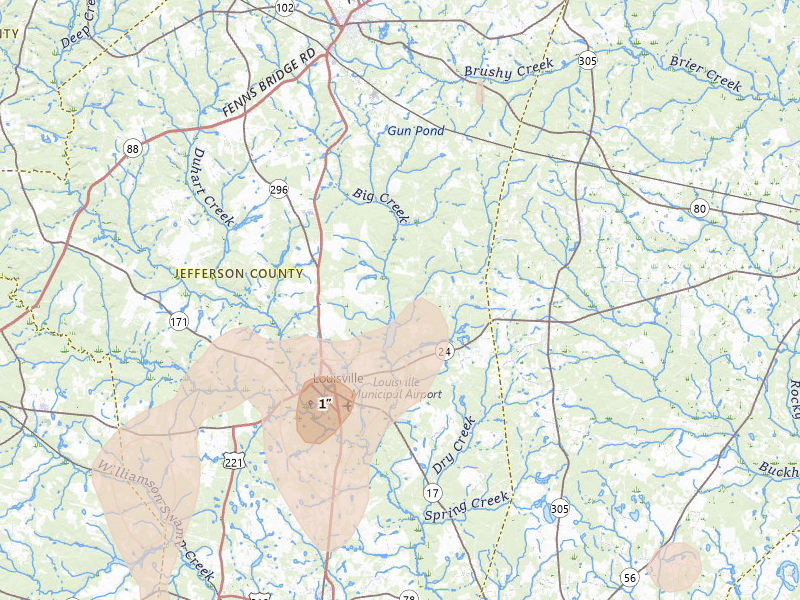 Radar-estimated hail-size map of the storm over Louisville, GA on Jun 29, 2026