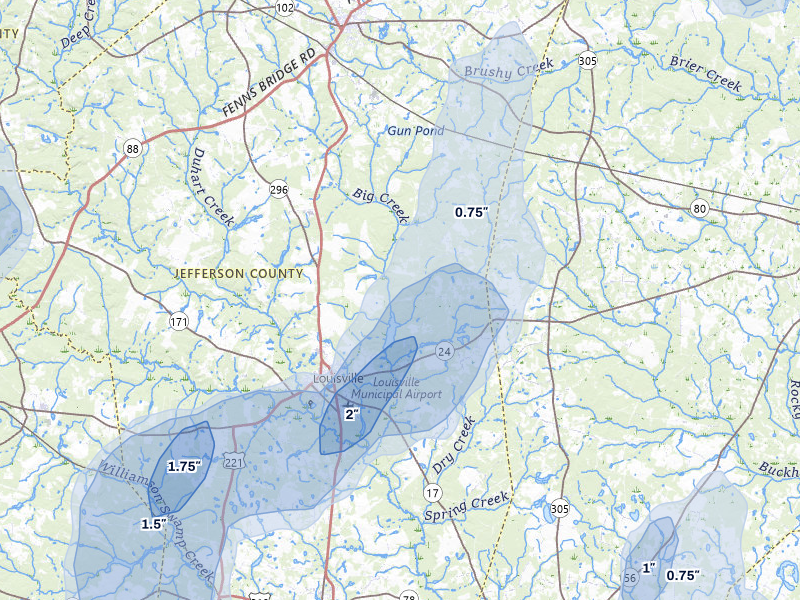 NEXRAD radar-signature map of the hail storm over Louisville, GA on Jun 29, 2026