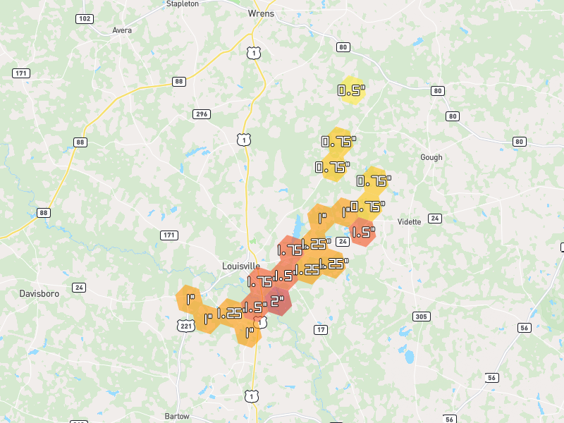 Hail map of Louisville, GA on Jun 29, 2026, hail up to 2"