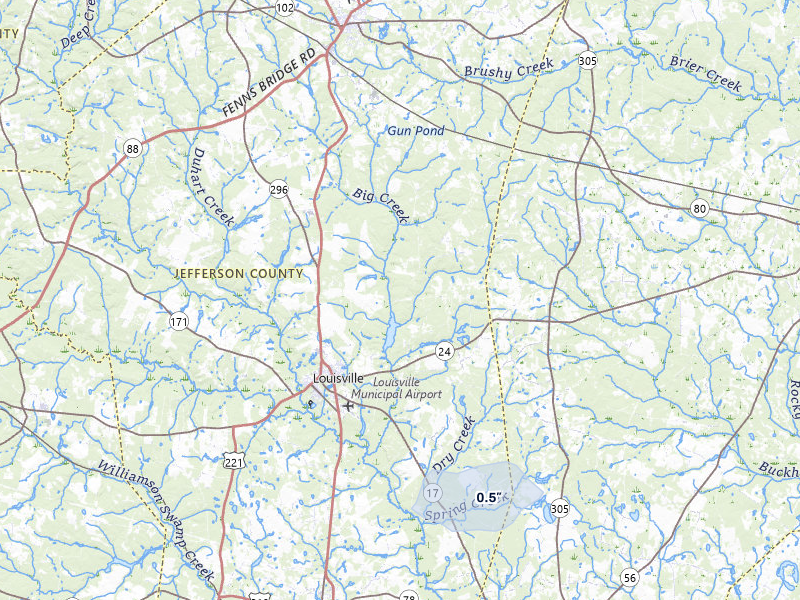 NEXRAD radar-signature map of the hail storm over Louisville, GA on Jul 5, 2026