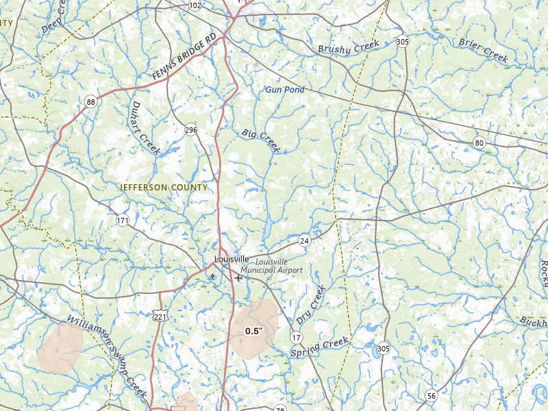 Radar-estimated hail-size map of the storm over Louisville, GA on Jul 9, 2026