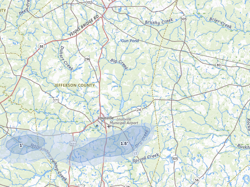 NEXRAD radar-signature map of the hail storm over Louisville, GA on Jul 9, 2026