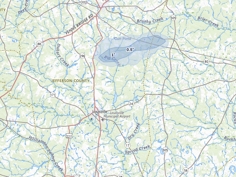 NEXRAD radar-signature map of the hail storm over Louisville, GA on Jul 12, 2026