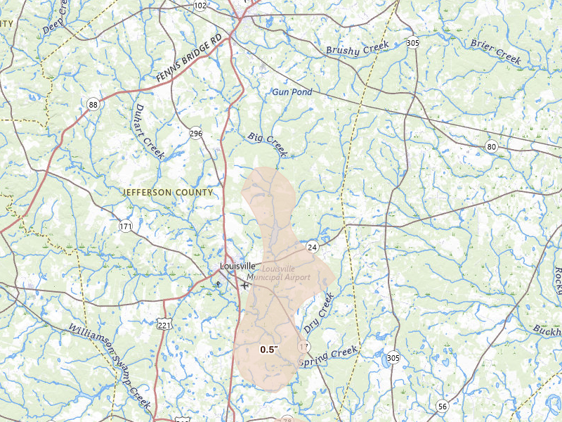 Radar-estimated hail-size map of the storm over Louisville, GA on Jul 17, 2026