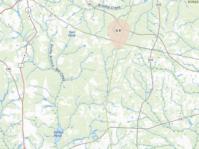 Radar-estimated hail-size map of the storm over Louisville, GA on Aug 16, 2026