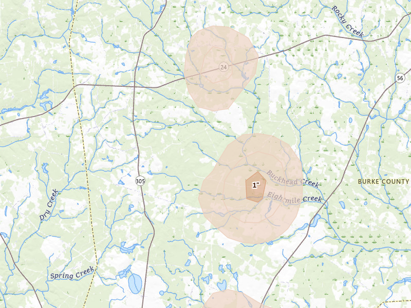Radar-estimated hail-size map of the storm over Louisville, GA on Aug 21, 2026