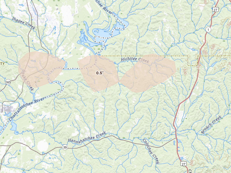 Radar-estimated hail-size map of the storm over Louvale, GA on May 6, 2026