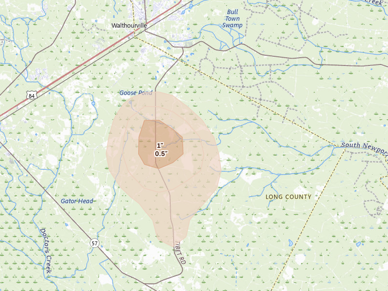 Radar-estimated hail-size map of the storm over Ludowici, GA on Jun 12, 2026