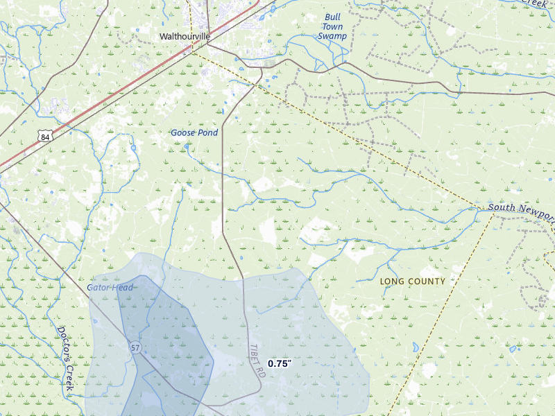 NEXRAD radar-signature map of the hail storm over Ludowici, GA on Jul 24, 2026
