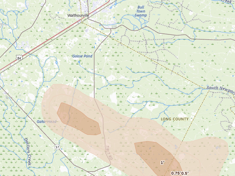 Radar-estimated hail-size map of the storm over Ludowici, GA on Jul 25, 2026
