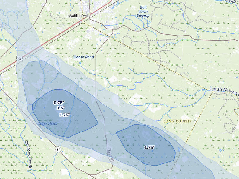 NEXRAD radar-signature map of the hail storm over Ludowici, GA on Jul 25, 2026