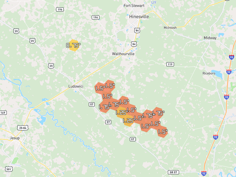 Hail map of Ludowici, GA on Jul 25, 2026, hail up to 1.75"