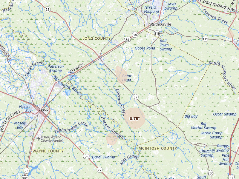 Radar-estimated hail-size map of the storm over Ludowici, GA on Aug 6, 2026