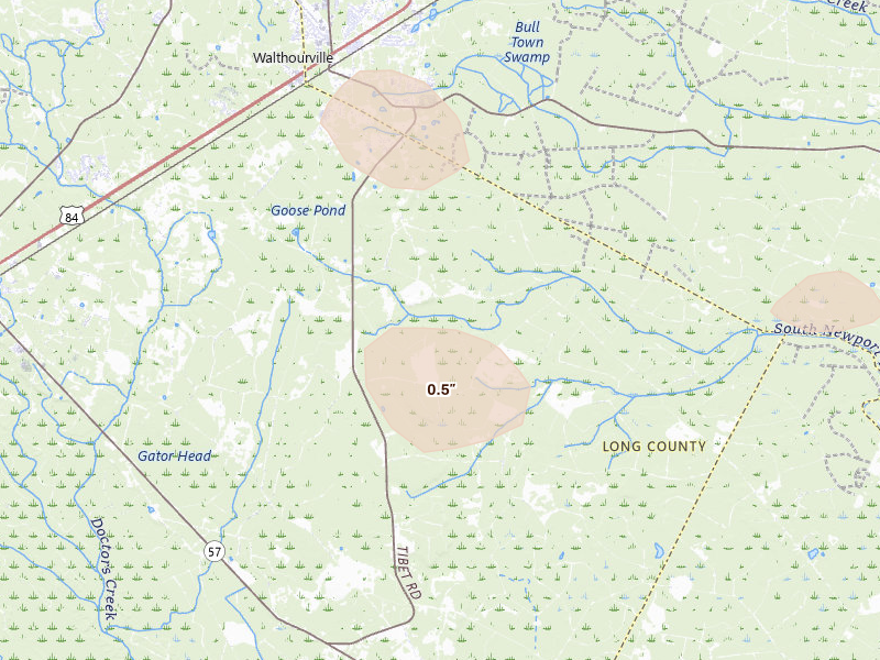 Radar-estimated hail-size map of the storm over Ludowici, GA on Aug 11, 2026