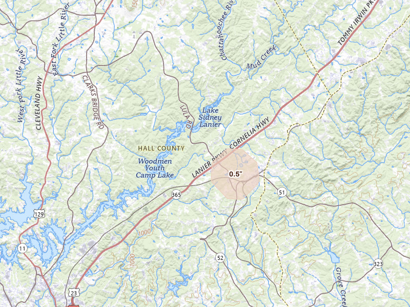 Radar-estimated hail-size map of the storm over Lula, GA on Jul 2, 2026
