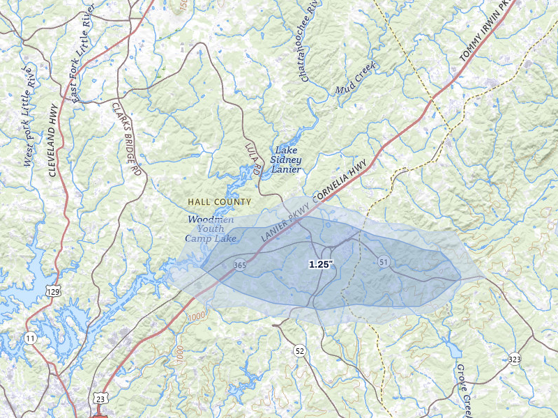 NEXRAD radar-signature map of the hail over Lula, GA