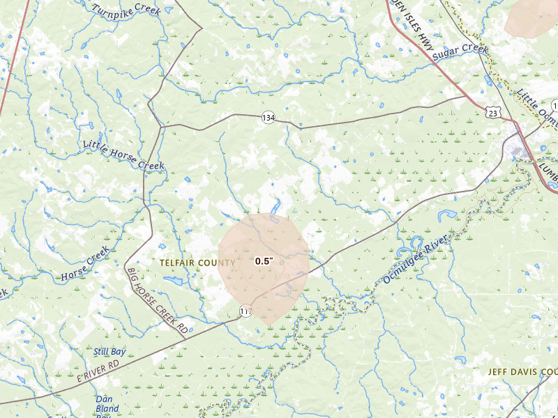 Radar-estimated hail-size map of the storm over Lumber City, GA on May 24, 2026