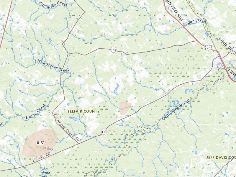 Radar-estimated hail-size map of the storm over Lumber City, GA on Jul 5, 2026