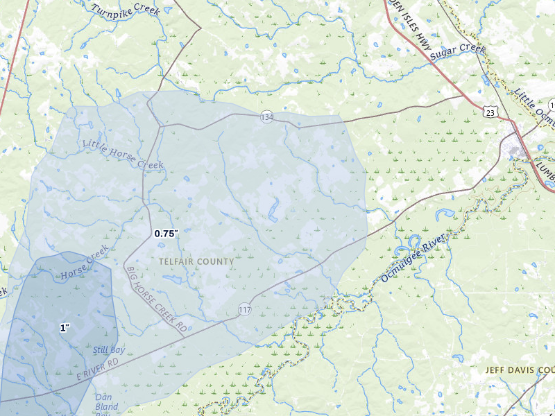 NEXRAD radar-signature map of the hail storm over Lumber City, GA on Jul 5, 2026