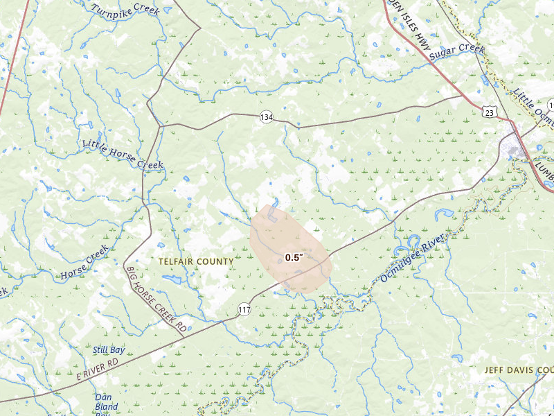 Radar-estimated hail-size map of the storm over Lumber City, GA on Aug 6, 2026