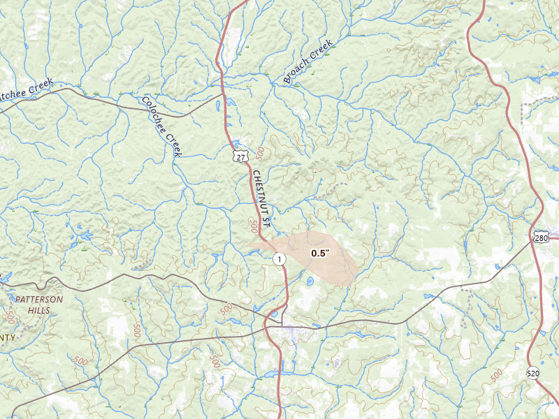 Radar-estimated hail-size map of the storm over Lumpkin, GA on Aug 14, 2026