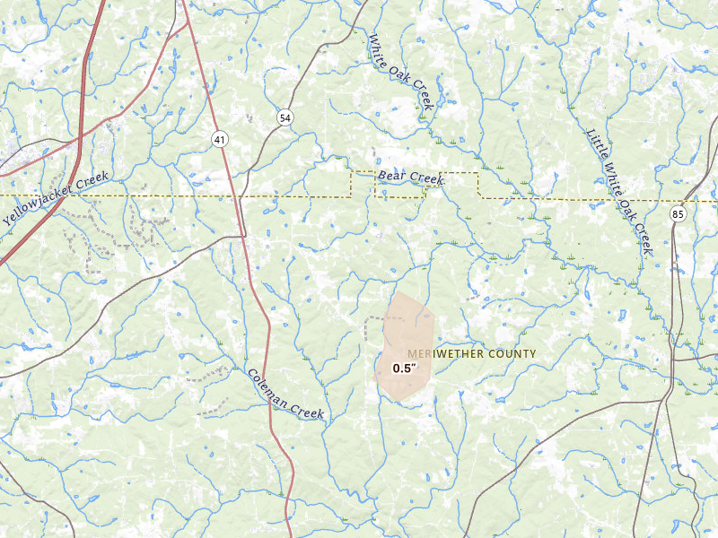 Radar-estimated hail-size map of the storm over Luthersville, GA on May 23, 2026
