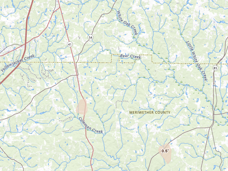 Radar-estimated hail-size map of the storm over Luthersville, GA on Aug 5, 2026
