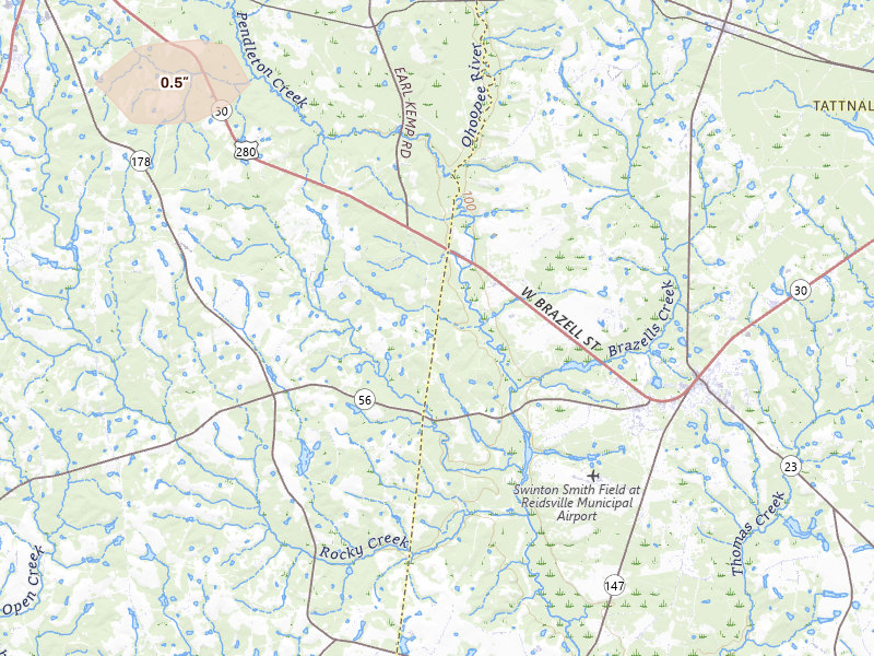 Radar-estimated hail-size map of the storm over Lyons, GA on Jun 14, 2026