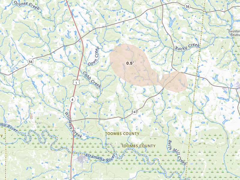 Radar-estimated hail-size map of the storm over Lyons, GA on Jun 29, 2026
