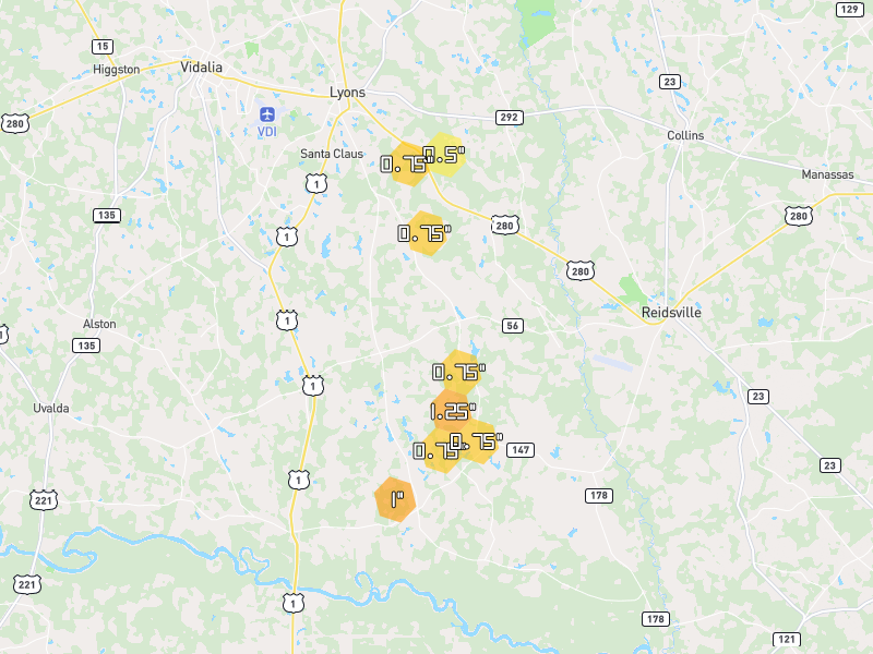 Hail map of Lyons, GA on Jun 29, 2026, hail up to 1.25"