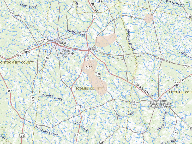 Radar-estimated hail-size map of the storm over Lyons, GA on Aug 21, 2026