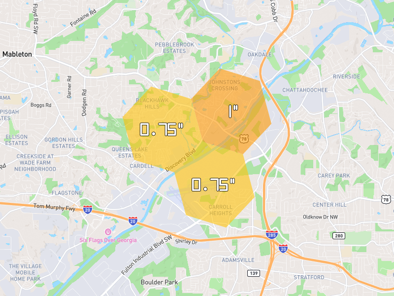 Hail map of Mableton, GA on Jul 3, 2026, hail up to 1"