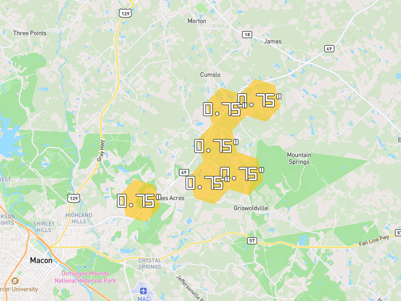 Hail map of Macon, GA on Jun 30, 2026, hail up to 0.75"