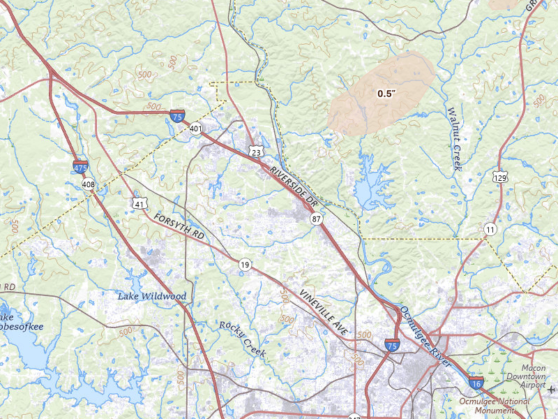 Radar-estimated hail-size map of the storm over Macon, GA on Aug 2, 2026