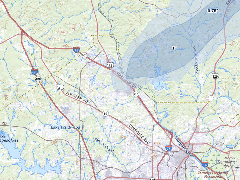 NEXRAD radar-signature map of the hail over Macon, GA
