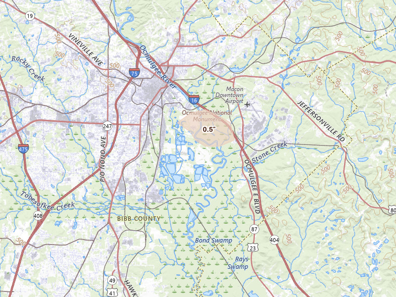 Radar-estimated hail-size map of the storm over Macon, GA on Aug 11, 2026