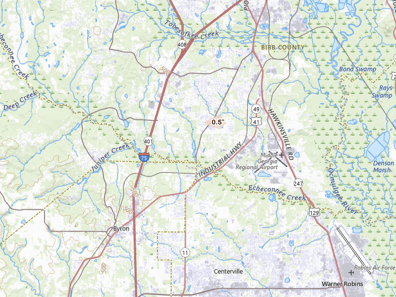 Radar-estimated hail-size map of the storm over Macon, GA on Aug 16, 2026