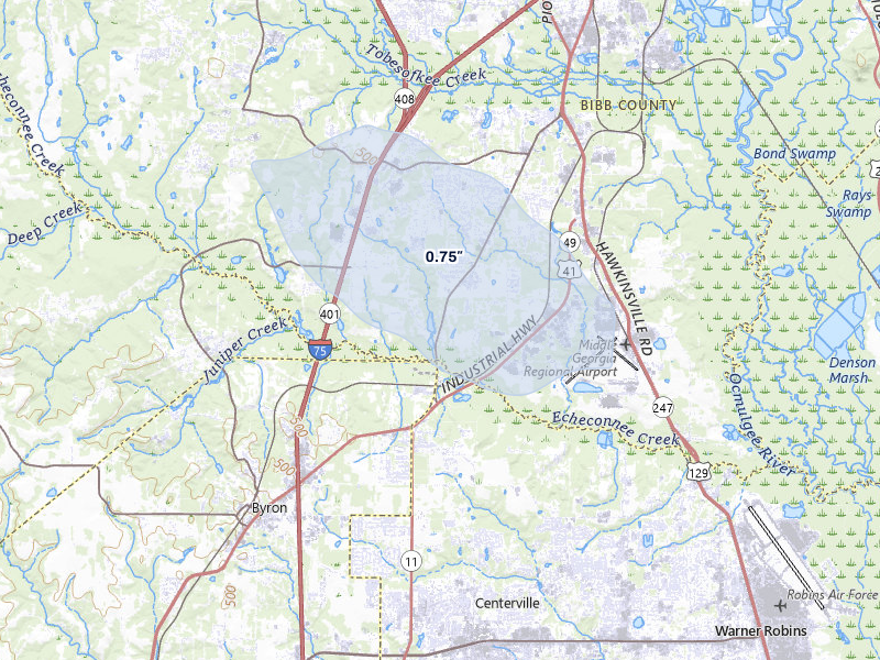 NEXRAD radar-signature map of the hail storm over Macon, GA on Aug 16, 2026