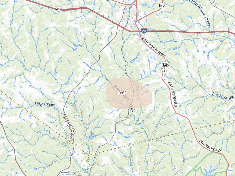 Radar-estimated hail-size map of the storm over Madison, GA on Jul 10, 2026