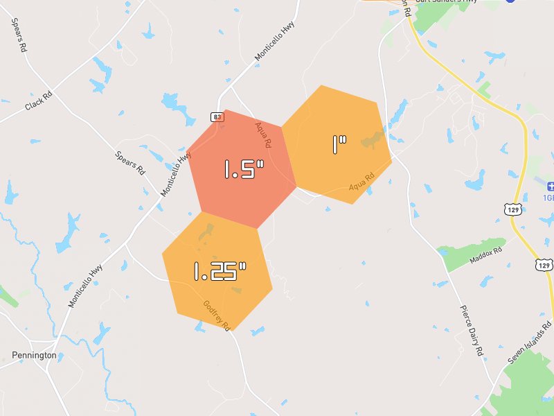 Hail map of Madison, GA on Jul 10, 2026, hail up to 1.5"