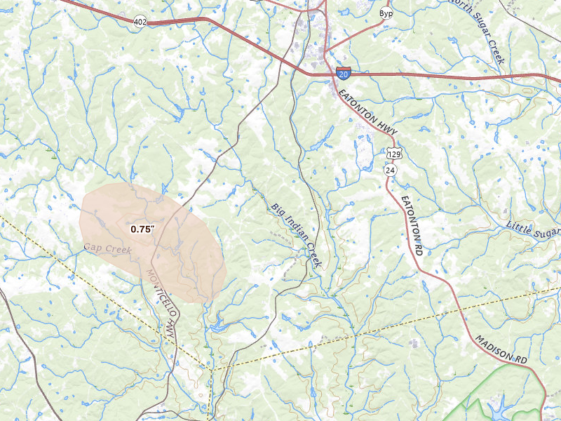 Radar-estimated hail-size map of the storm over Madison, GA on Jul 11, 2026