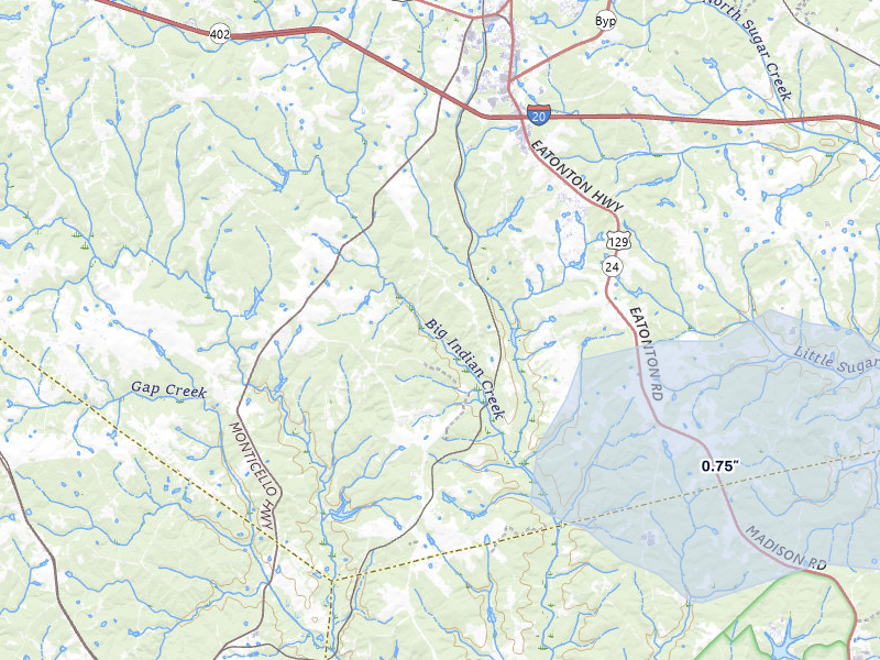 NEXRAD radar-signature map of the hail over Madison, GA