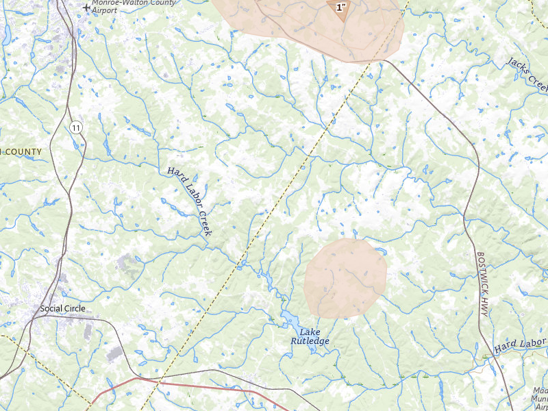 Radar-estimated hail-size map of the storm over Madison, GA on Aug 4, 2026