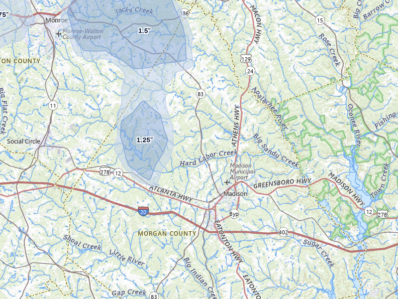 NEXRAD radar-signature map of the hail storm over Madison, GA on Aug 4, 2026