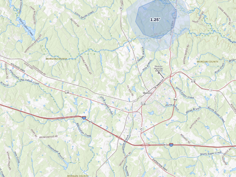 NEXRAD radar-signature map of the hail storm over Madison, GA on Sep 6, 2026