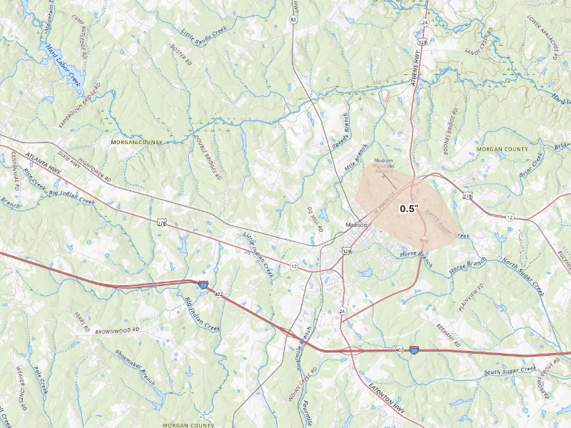 Radar-estimated hail-size map of the storm over Madison, GA