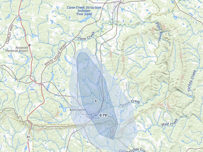 NEXRAD radar-signature map of the hail storm over Manchester, GA on Aug 13, 2026