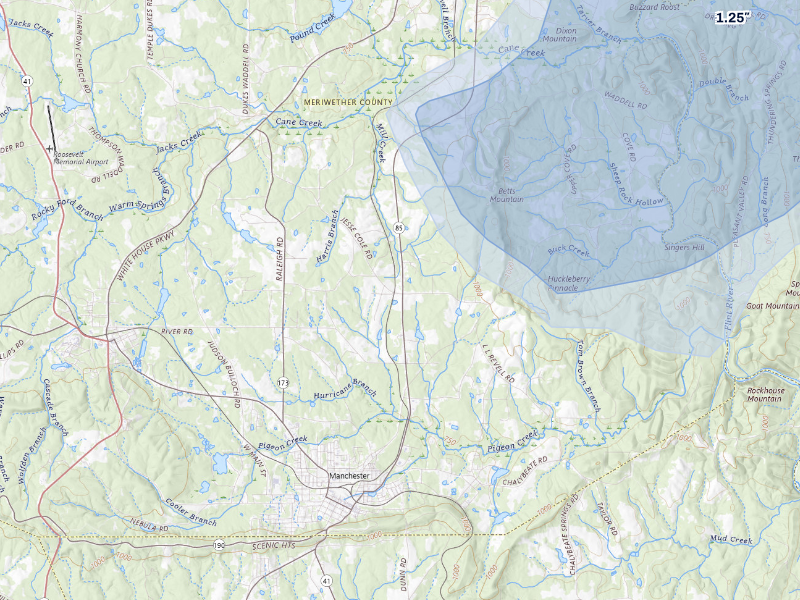 NEXRAD radar-signature map of the hail storm over Manchester, GA on Aug 21, 2026