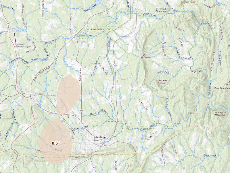 Radar-estimated hail-size map of the storm over Manchester, GA
