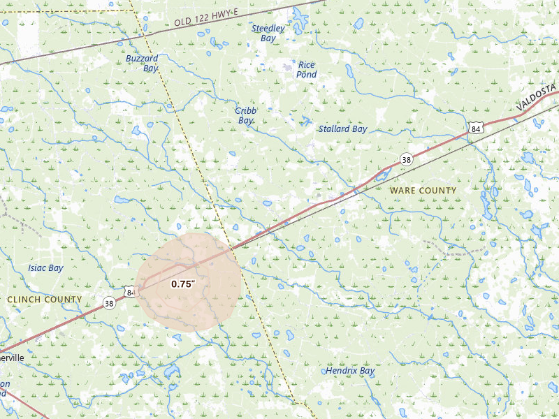 Radar-estimated hail-size map of the storm over Manor, GA on Aug 13, 2026